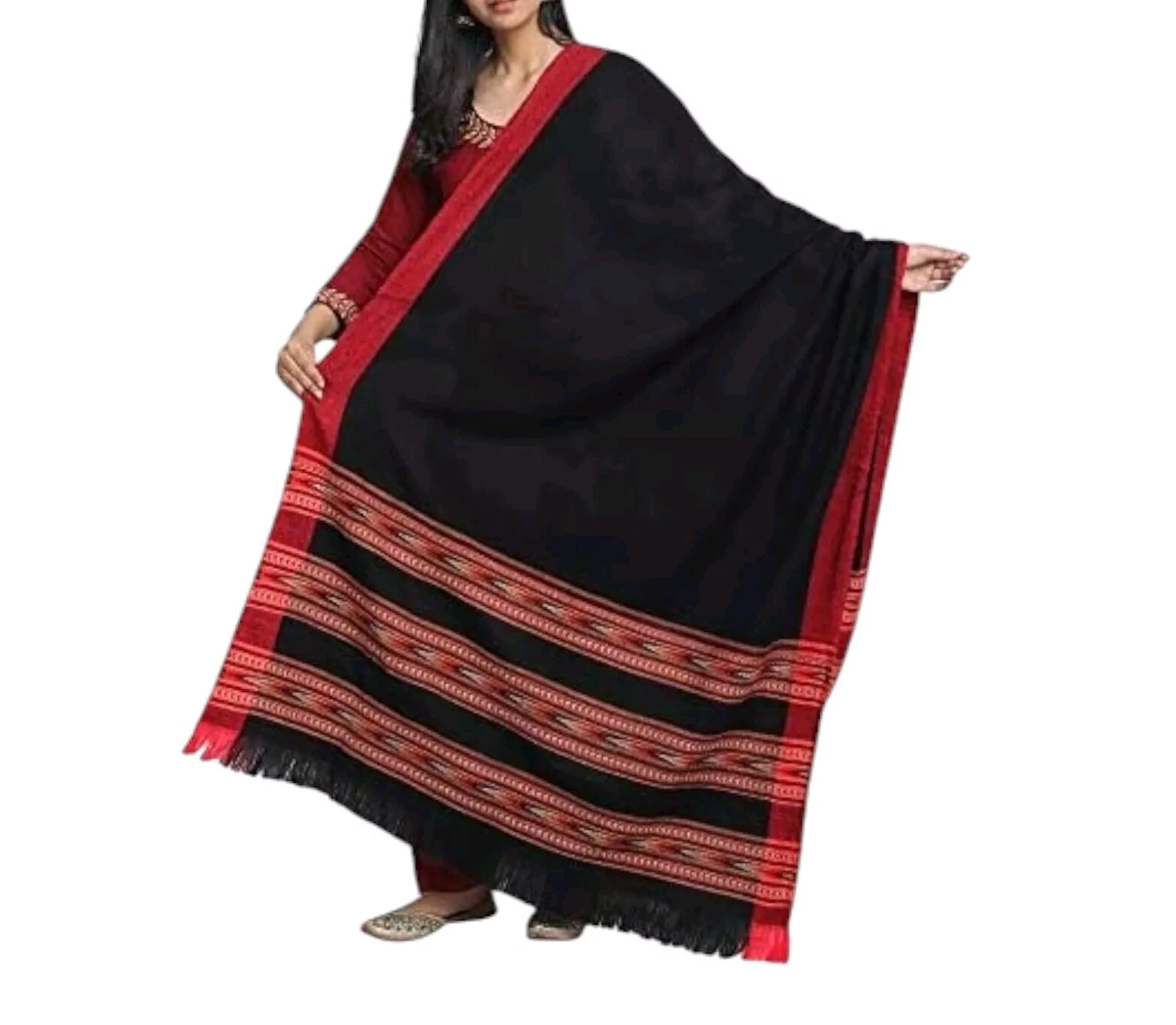 Cashmere Traditional Kullu Woollen Oversize Shawl Wrap Scarf Throw Colour_Black