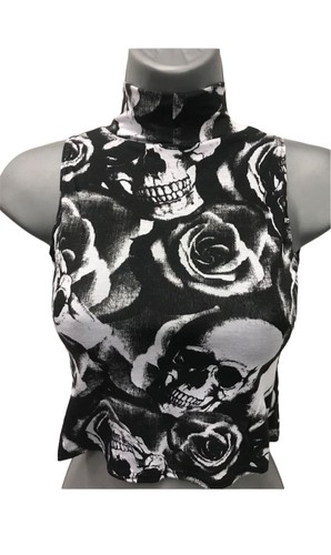 NEW LADIES POLO TURTLE NECK PRINTED STRETCH CROP TOP VEST SLEEVELESS 8-14 - Picture 3 of 12