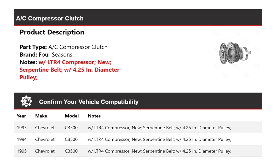 For 1993-1995 Chevrolet C3500 A/C Compressor Clutch 4 Seasons 1994 - Image 2 of 4