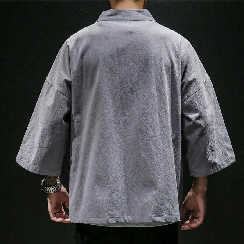 Men Chinese Kimono Coat Tops Jacket Loose Baggy Pocket Outwear Harajuku Summer  - Image 2 of 4