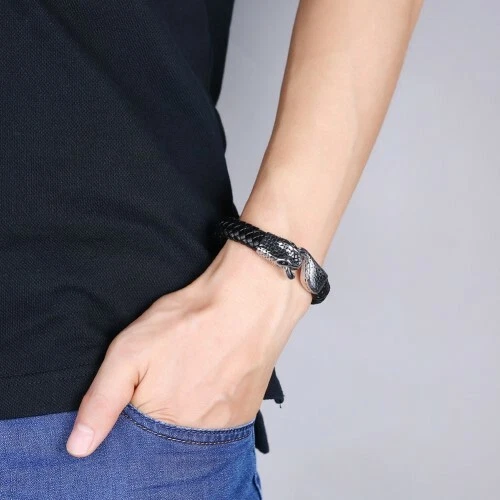 Nuevo brazalete de cadena y eslabones de cuero con imán enchapado en platino estilo punk gótico para hombre Foto 3 de 4