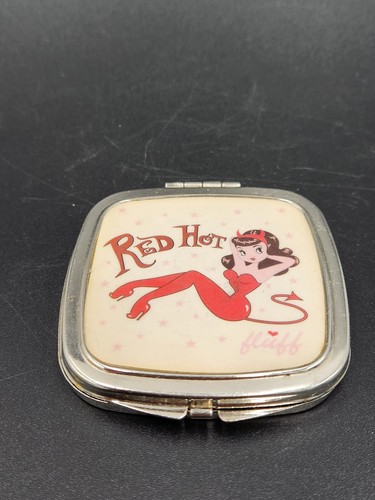 Vintage Fluff Chrome Mirror Compact w/Burnette Sexy Devil Girl "RED HOT" - Picture 3 of 14