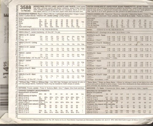 Misses Jacket and Skirt Size 10-16, McCall's 3588 Sewing Patter, uncut - Picture 2 of 3