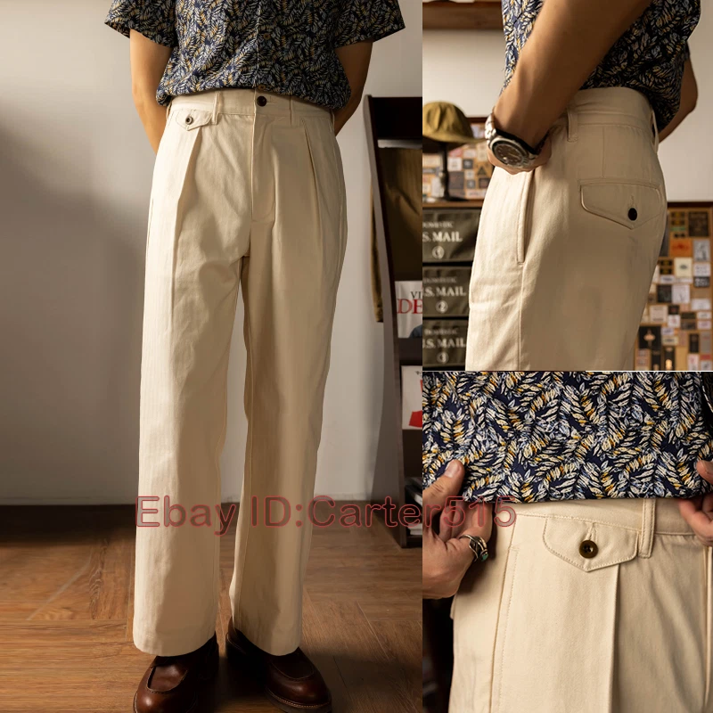 Men's Vintage Pants High-Waisted Loose Straight Wide Side Pocket Suit  Trousers Casual Smart Business Classic