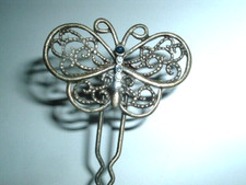 Victorian Brass Blue Rhinestone Butterfly Hair Pin Hair Stick 4.25"