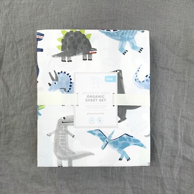 Pottery barn kids Organic Maverick Dino Sheet Set Queen Blue Grey White