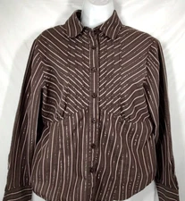 Liz Claiborne Axcess Shirt 12 Large Brown Gold Peach Striped Empire Yoke Fitted