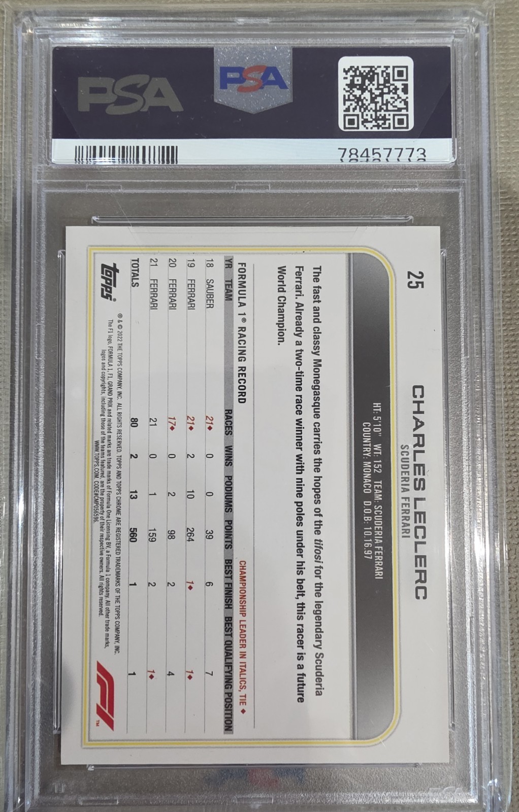 2022 Topps Chrome Formula 1 Charles LeClerc #25 Black Checkered Refractor PSA 10 view 2