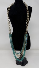 Vintage Style Teal Green Glass Bead Multi Strand Gold Tone Chain Necklace 28