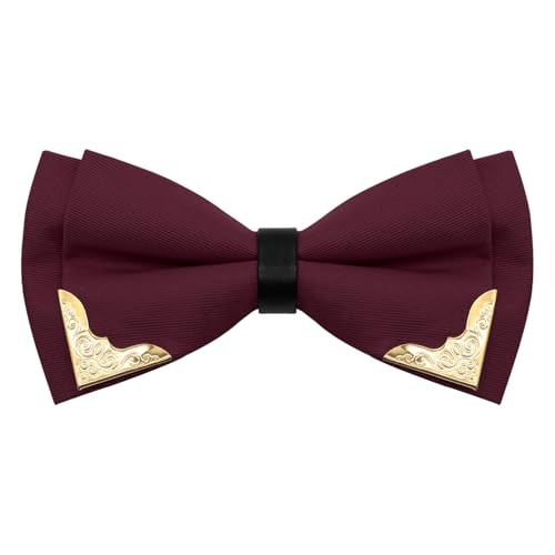 Gold Metal Bow Tie for Men & Women - Pre-Tied Burgundy Tuxedo Accessory