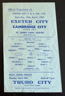 Exeter City v Cambridge City Southern Lge Single sheet 18th Apr 1959