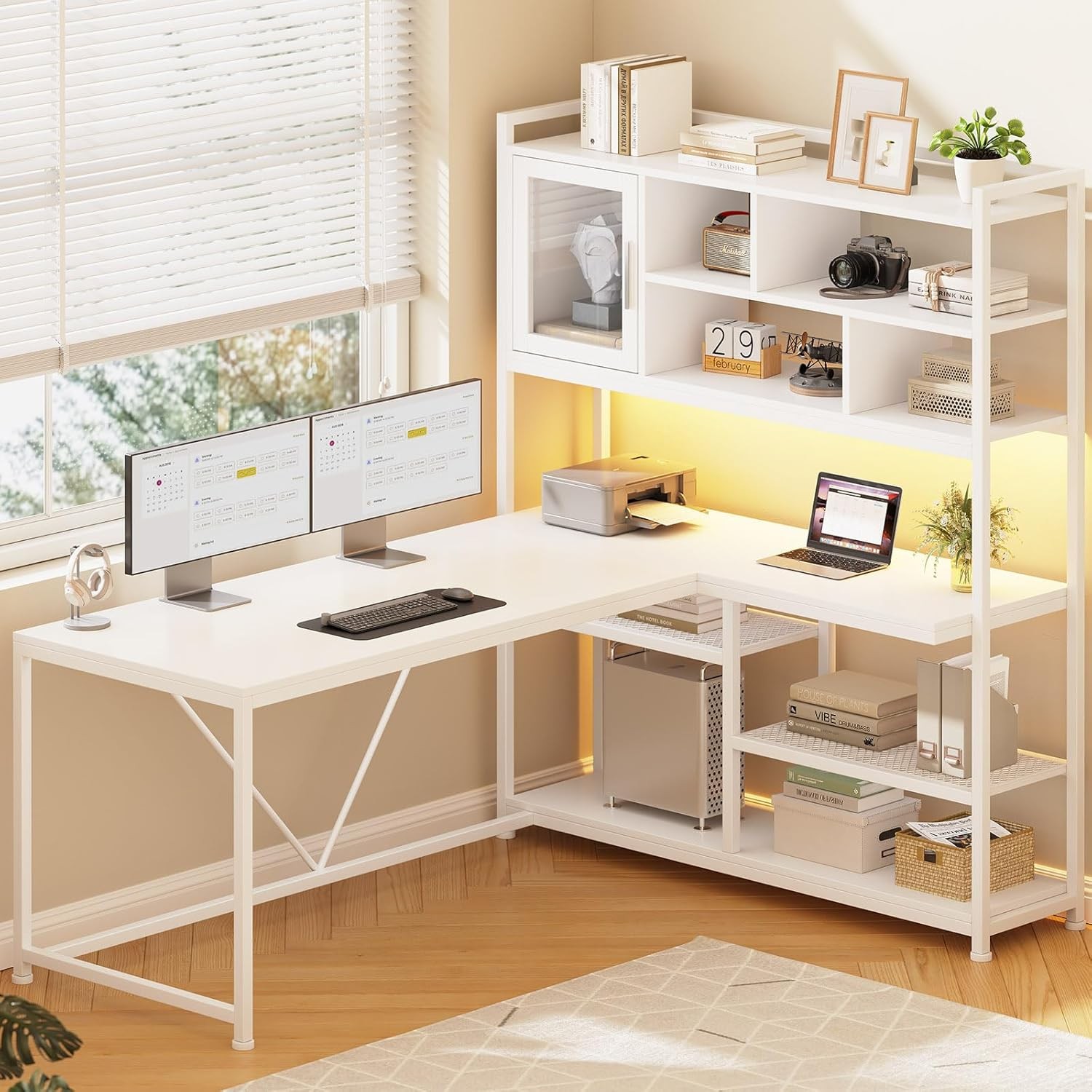 SEDETA L Shaped Computer Desk 58 with LED Light and Shelves White
