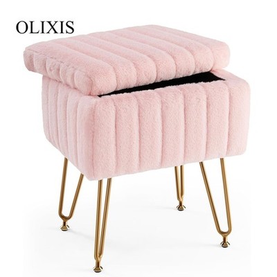 OLIXIS Vanity Stool Chair w/ Storage,Ottoman Faux Fur Soft Padded Small Footrest