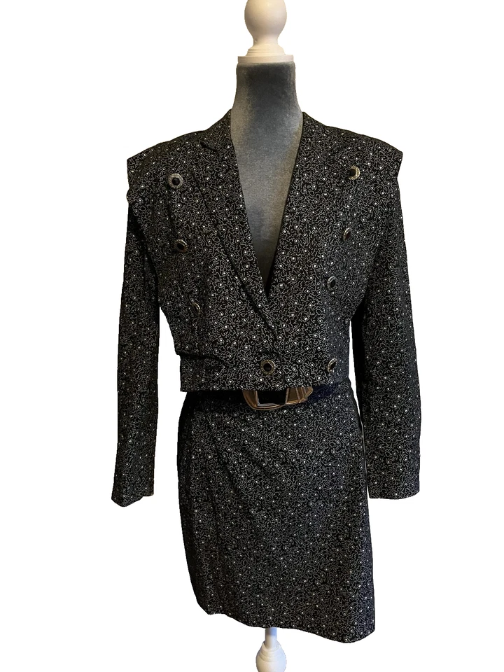 Vestido AByer vintage años 80 para mujer talla 7 negro blanco estampado abstracto con cinturón Foto 2 de 4