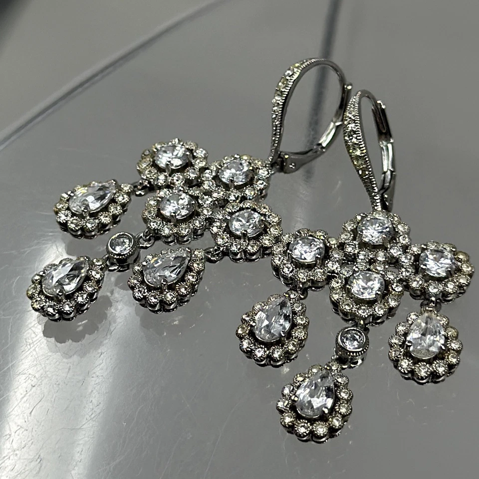 Nadri Chandelier Drop Earrings Crystal Pave Silver Tone 1.8” Elegant - Image 4 of 4