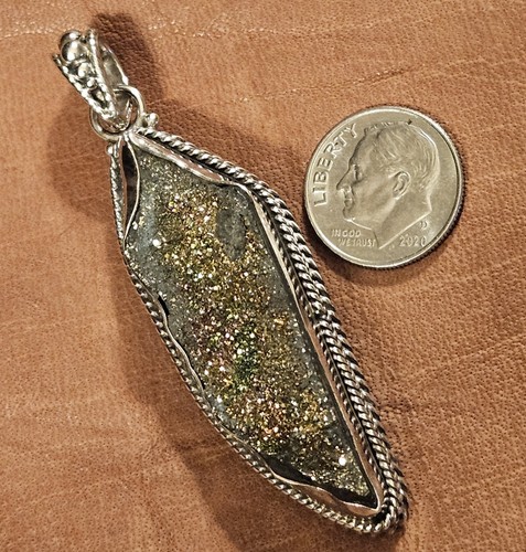 Vintage Large Artisan Handcrafted Sterling Multicolor Druzy Quartz Pendant