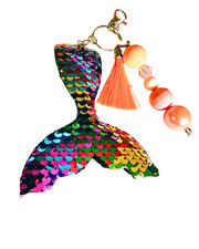 Sequins Plush Rainbow Mermaid Tail Keychain, Coral Silk Tassel, Bead, Charm