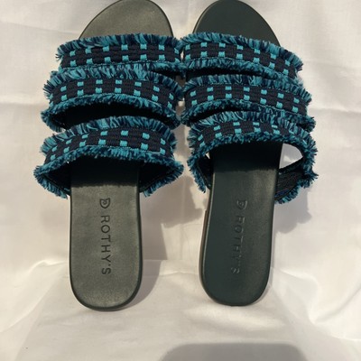 Rothy Women s Size 7.5 Flat Sandal Triple Band Teal /Navy NWOB