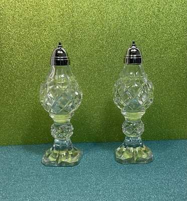 LEAD CRYSTAL GLASS DEEP CUT SALT & PEPPER PEDESTAL MINT 6  Tall