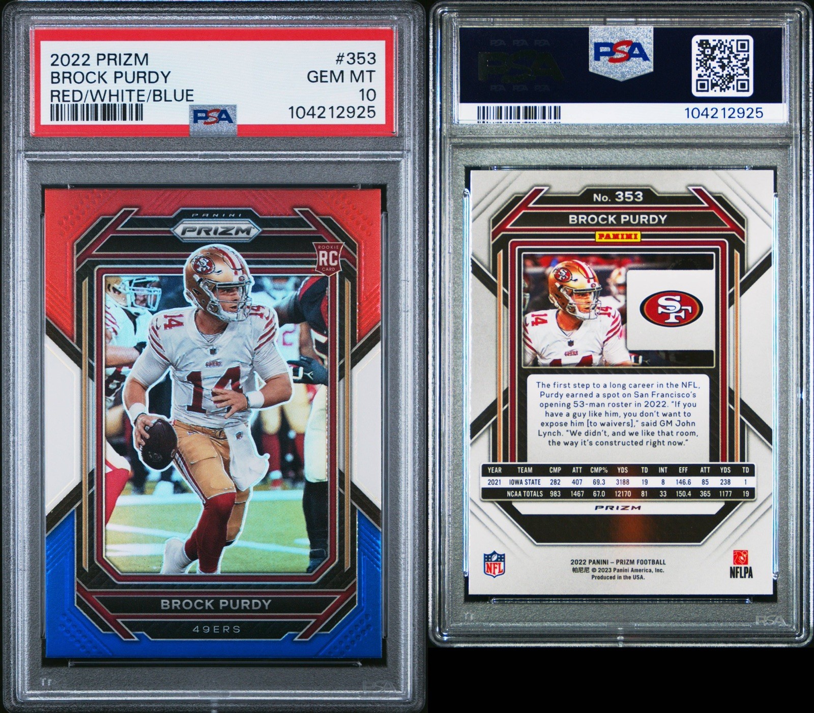 Brock Purdy 2022 Panini Prizm Red White & Blue Rookie Prizm 49ers PSA 10 view 3