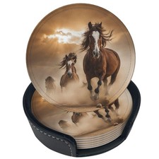 6 Pcs Leather Coasters for Drinks with Holder Two Running Horses Coaster Sets...