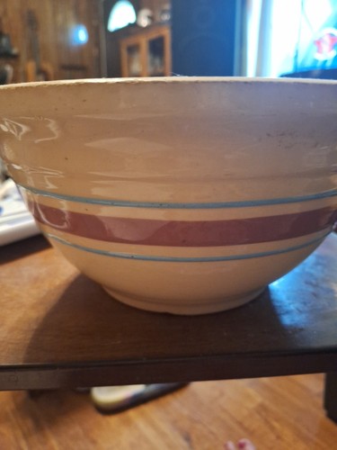 Vintage Large Yellowware Mixing Bowl Blue/Pink Band & Stripe 12" Wide x 7” Tall - Picture 6 of 6