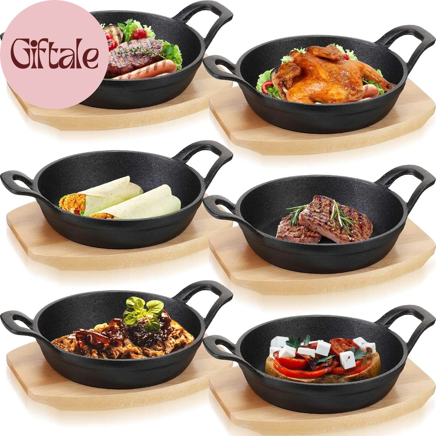 6 Sets Mini Cast Iron Skillet Mini Cast Iron Plates Skillet with Wooden Base Sma