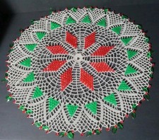 Vintage 18" Handmade Crochet Beaded Christmas Doily with Red  Green Holly Beads