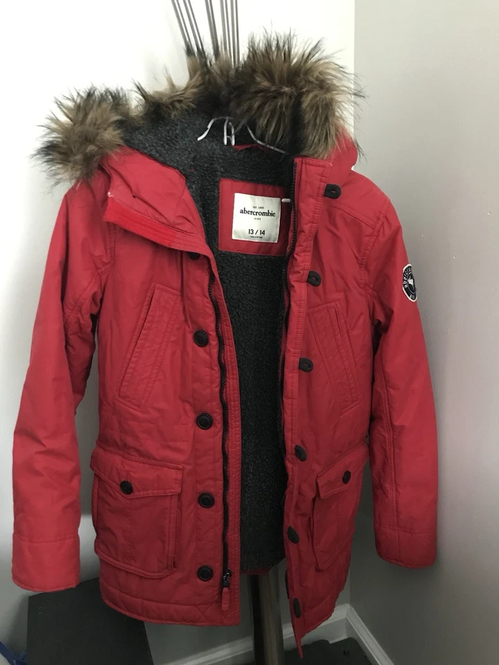 Abercrombie Kids Red Parka Jacket with Faux Fur Hood (Size 13/14) - Image 2 of 4