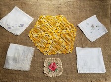 Vintage Lot Of 6 2 Hand Crocheted Doilies  4 Sheer Handkerchiefs With Lace