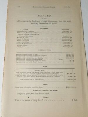 1882 document MONONGAHELA INCLUNED PLANE RAILROAD Pittsburgh PA mountain train