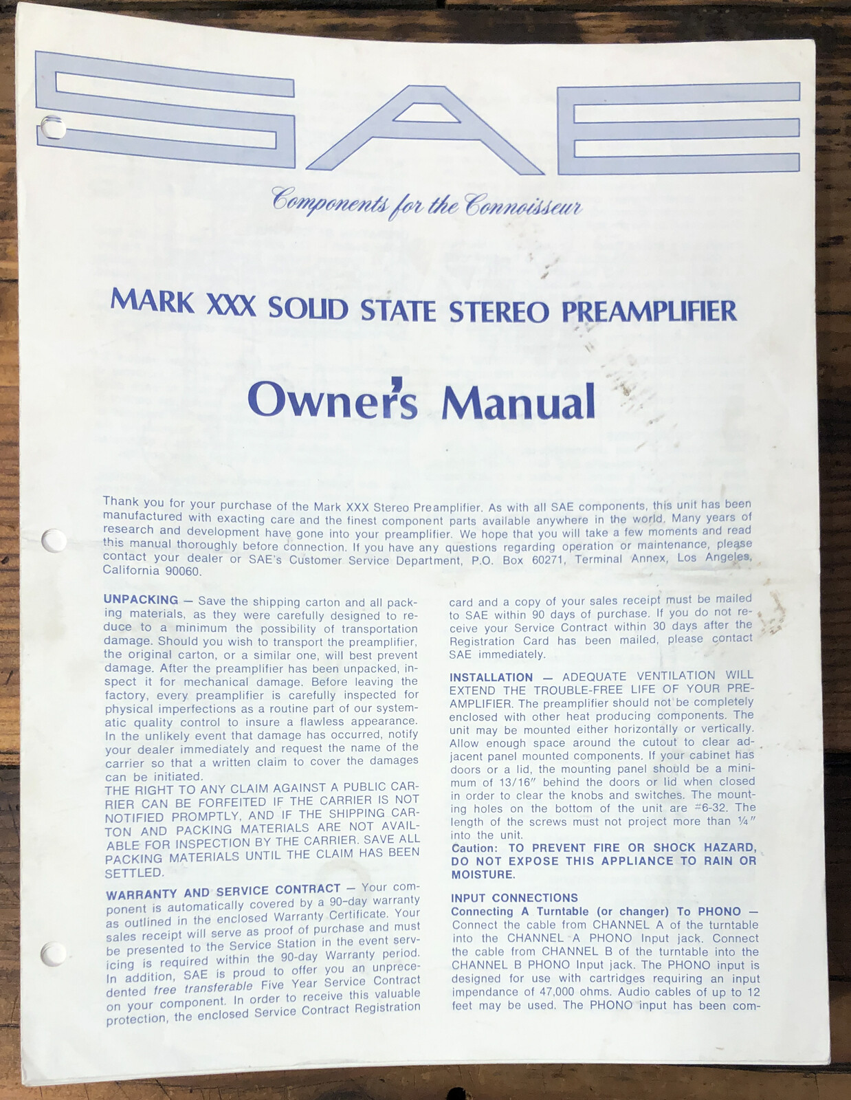 SAE MARK XXX 30 Preamp / Preamplifier  Owner / User Manual *Original*