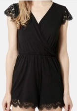 Woman TOPSHOP Black V-Neck Lace Trim S/s Short Rompers Sz 8