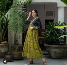 New Indian Bollywood Women Girls Ethnic Green Rayon Kurta Long Dress Top