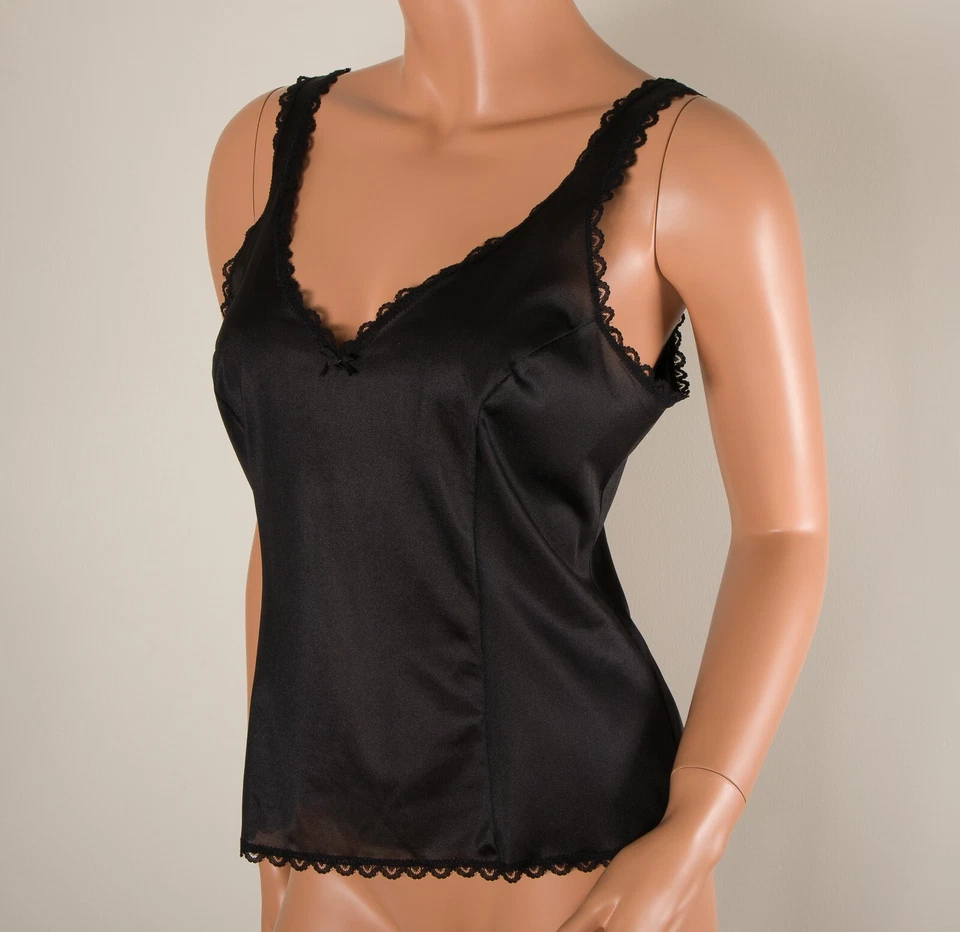 💖 ADVERTENCIAS Medida Perfecta Talla 34 Camiseta sin mangas Cami Negra Nylon Sedoso Borde de Encaje Foto 3 de 4
