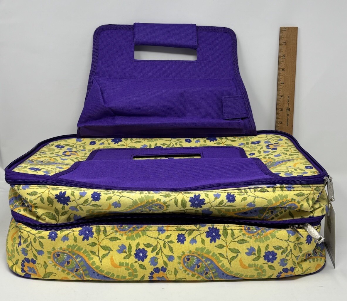 Casserole Carrier Oak & Olive Perfect Picnic 2 zippered areas NEW Purple yellow