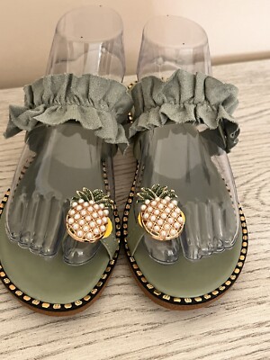 Milan Jewel Pineapple Toe Ring Green Flip Flop Ruffle Strap Sandals Sz 40 US 9.5
