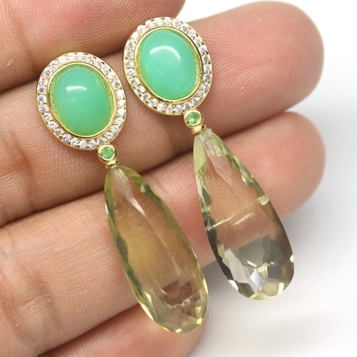 Lemon Quartz, Chrysoprase, Tsavorite Garnet & Cubic Zirconia Earrings 925 Silver - Picture 2 of 4