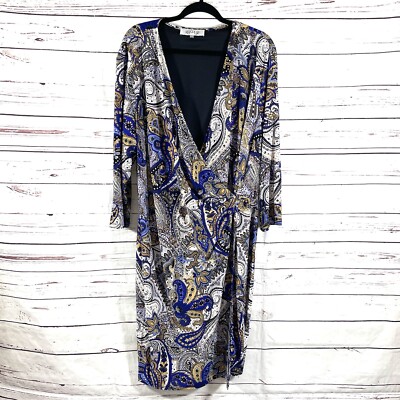 kasper blue dress Womens 3X Faux Wrap V-Neck 3/4 Sleeves Paisley NWT COLOR|60|RASPBERRY Color:SKY Cute Blue Sweater Dresses Large Scale Print