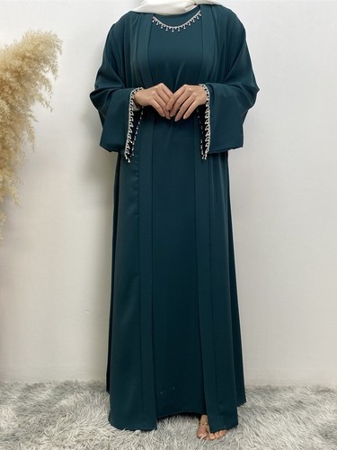 Women Suit Cardigan Dress 2 Piece Casual Loose Muslim Robe Arab Tassals Abaya - Picture 45 of 60