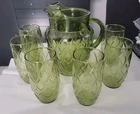 Vintage Anchor Hocking Avocado Madrid Green Glass Pitcher w/Ice Lip & 6 Glasses