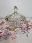 Vintage Jeanette Glass Gold Trim Ribbed National Pattern Candy Dish With Lid
