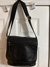 Fossil Messenger Bag Crossbody Foldover Purse Black Leather Brass Hardware