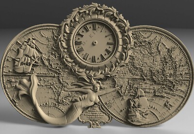 3D STL Models WALL CLOCK MAP MERMAID for CNC Router Aspire Artcam 3D Printer