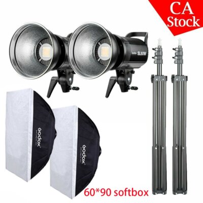 US 2X Godox SL-60W Studio LED Video Light+60*90cm Bowens Softbox+2m Light Stand