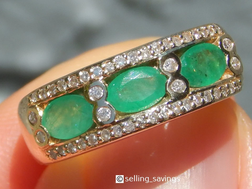 ANILLO BANDA ANCHA ORO AMARILLO 14K EFFY ESMERALDA Y DIAMANTE 7,5mm TALLA 6,75 Foto 2 de 4