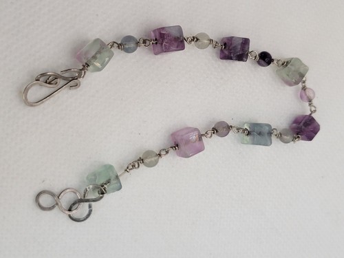 Vintage Handmade Natural Fluorite Stone Bracelet Beads Blocks Sterling Silver 8" - Picture 4 of 9