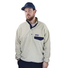 Patagonia Synchilla Fleece Snap-T Pullover Mens L Beige Navy Blue Vtg USA Jacket