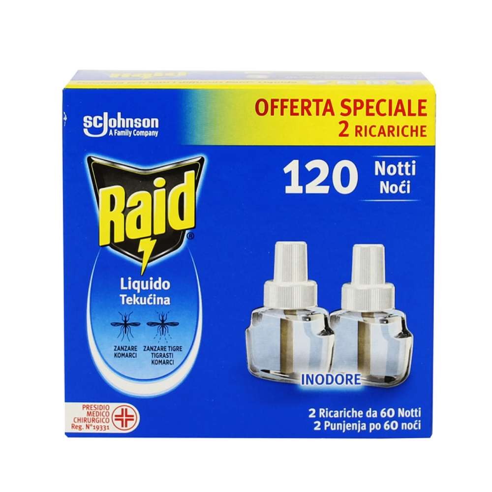 Raid 2 Ricariche Liquido per Diffusore da 120 Notti Inodore