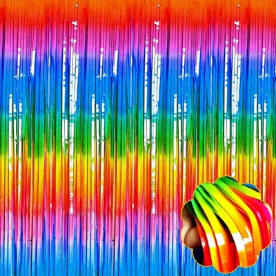 Rainbow Tinsel Foil Fringe Curtain Backdrop 3.28x8.2ft Streamers 8 Pack